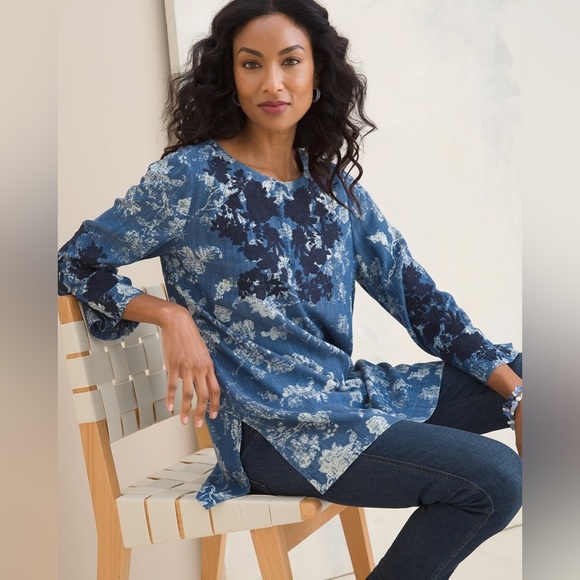 Chico's Embroidered Kurta Denim Chambray Tunic Sz 4/XXL - Picture 2 of 8